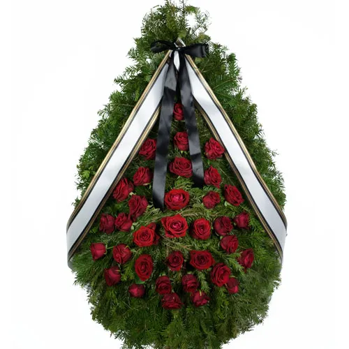 Coroana funerara cu trandafiri rosii