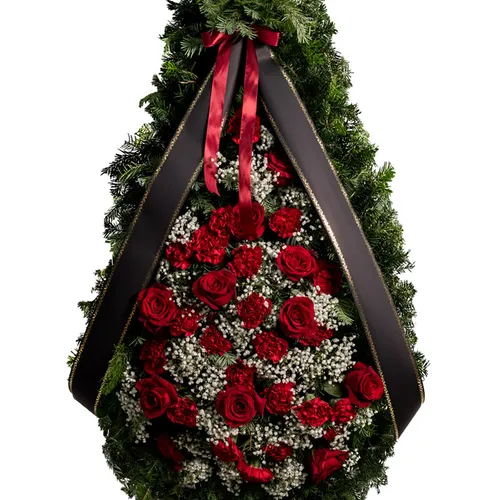 Coroana funerara cu flori rosii