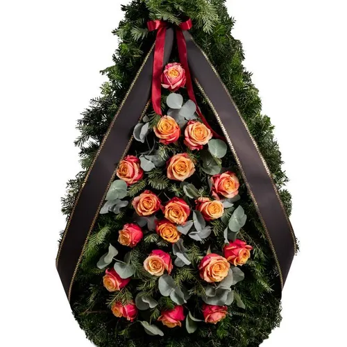 Coroana funerara cu trandafiri portocalii