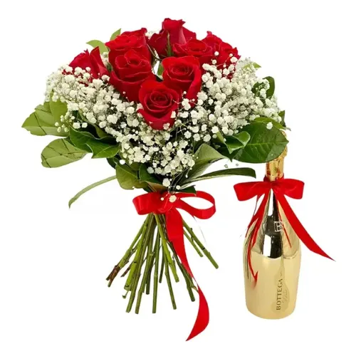 Buchet DeLux cu trandafiri rosii si prosecco Bottega