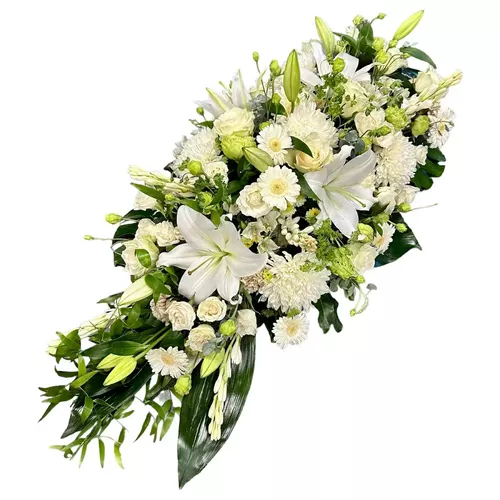 Aranjament Funerar cu Flori Albe – Crini, Trandafiri și Gerbera