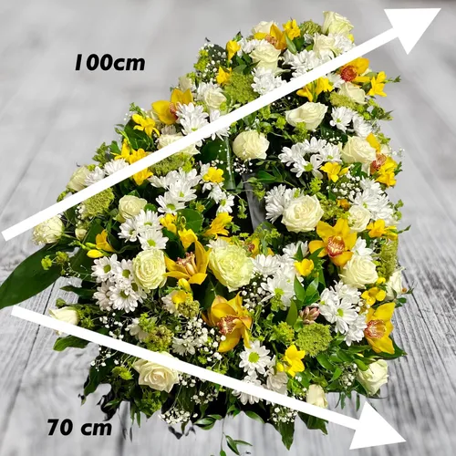 Coroana funerara clasica cu frezii, trandafiri, orhidee si crizanteme